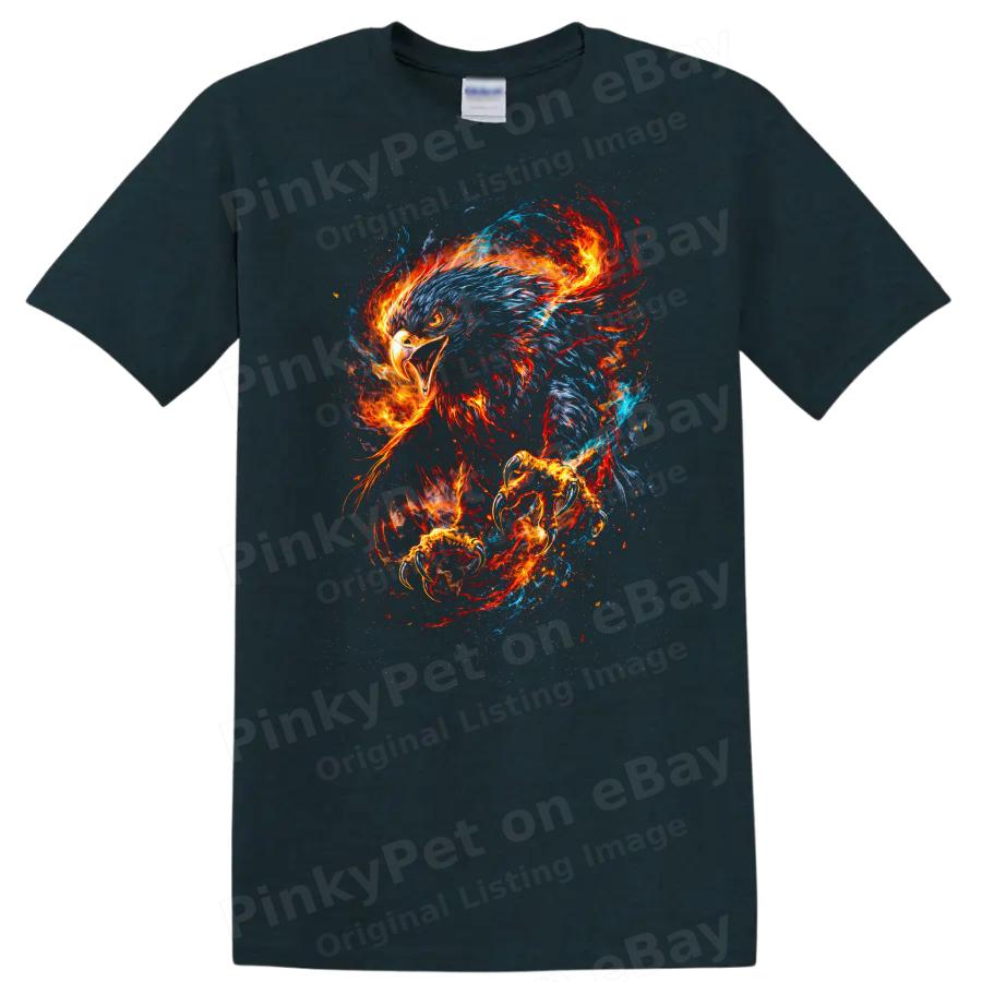 Fiery Eagle Graphic T Shirt Cool Animal Design Flames Colorful Tee
