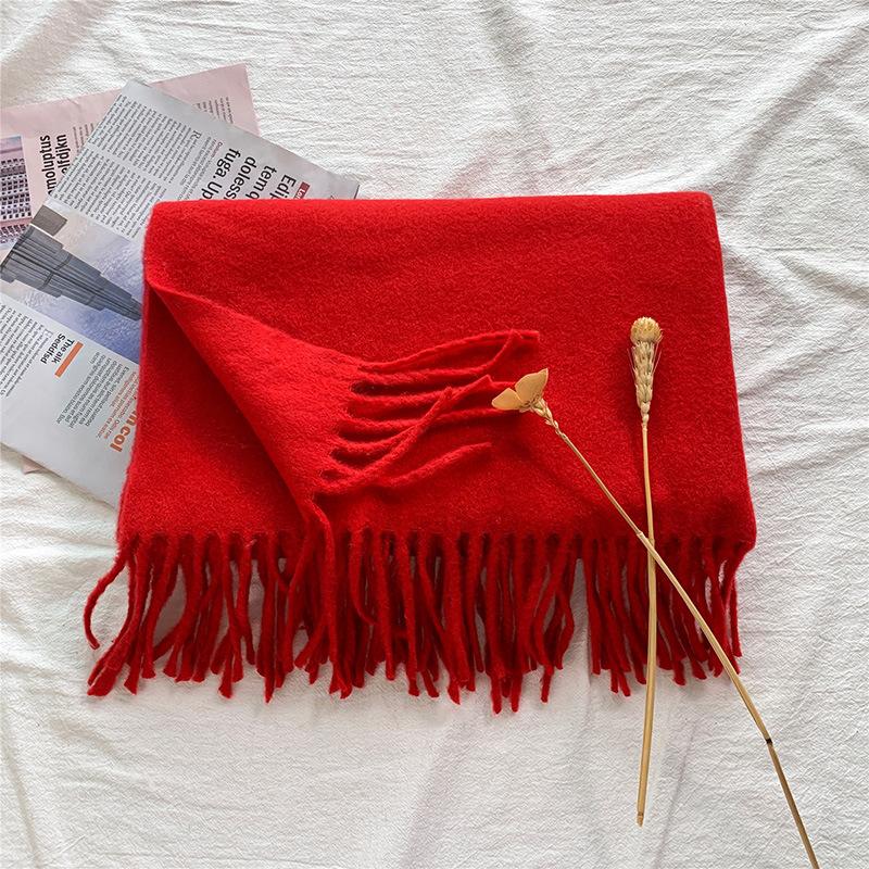 

Кашемировый шарф женский зима 2025 новый однотонный шерстяной шарф холодозащитный и теплый бахрома большая шаль 70*180cm красный