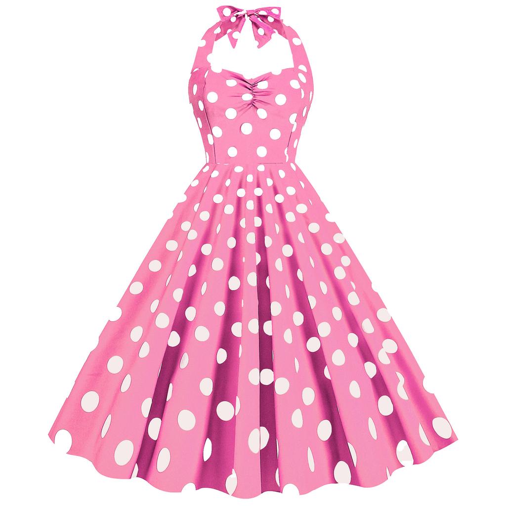 Women's Retro - Dress With Pleated Polka Dots And Slimming Wide Skirt