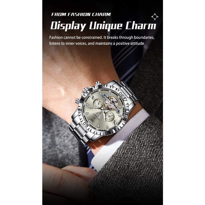 POEDAGAR Top Luxury Men Watch Automatic Date Week Man Wristwatch Hollow Tourbillon Mechanical Stainless Steel Watches