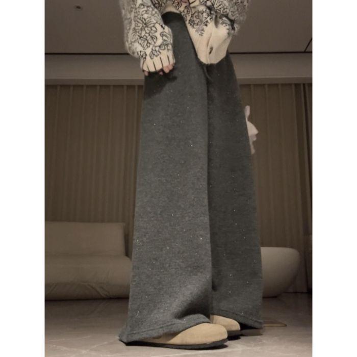 

Women s Korean Style Sequin Plush Mochi Pants - Autumn/Winter, Thickened, Wide-Leg, Loose Fit, Fat-Concealing, Casual Draped Trousers L