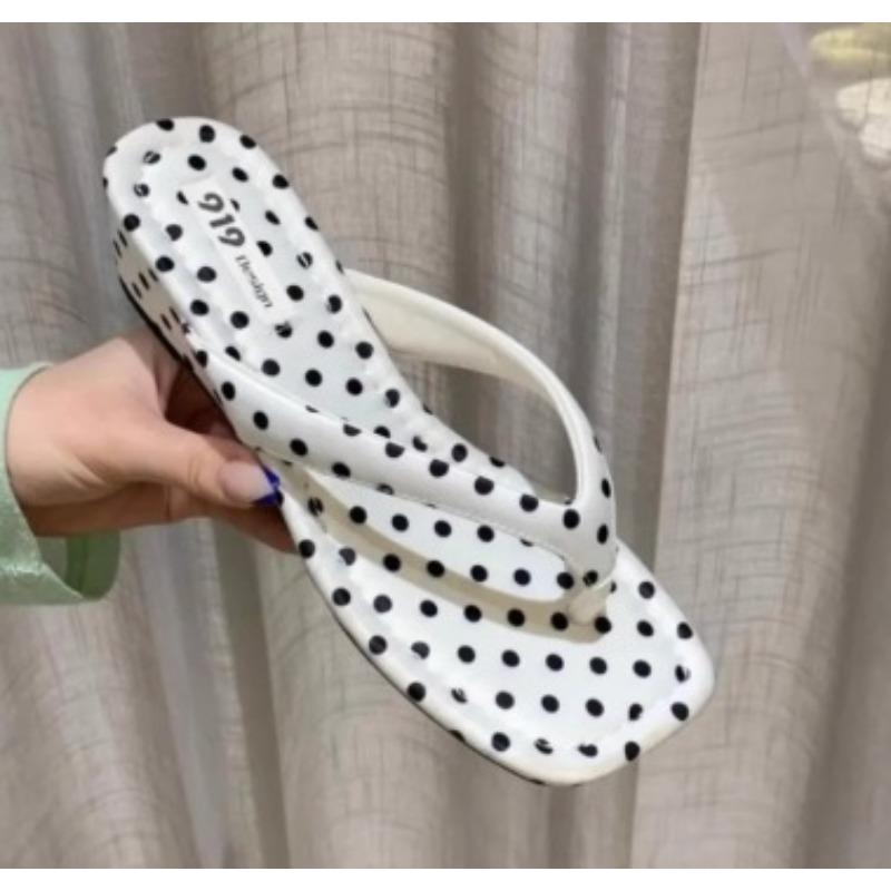 Sweet and Versatile Toe Polka Dot Vacation Shoes Platform-soled Wedged Sandals Fashionable Flip-flops Women's Summer Retro Korean Version Outside