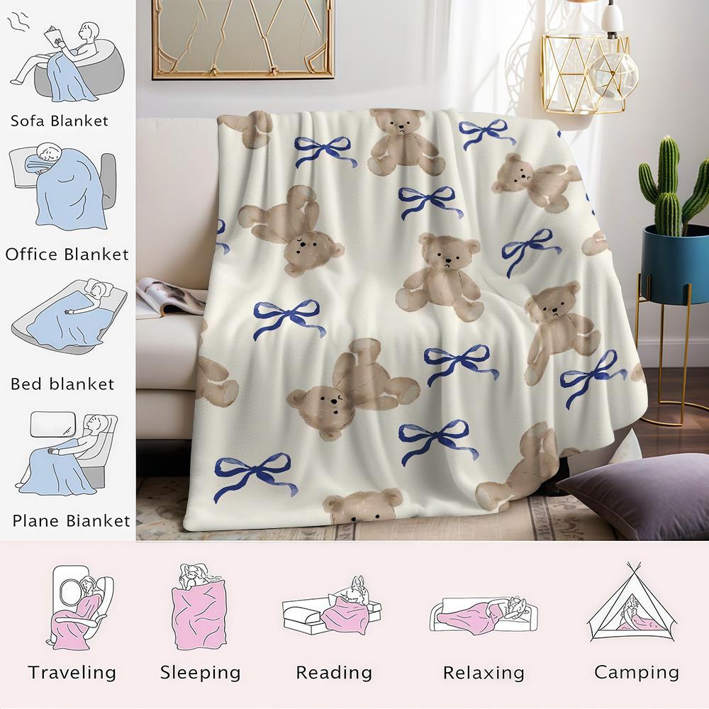 Beiger Bär & Blaue Schleifen Flanelldecke Warm Weich Halloween Weihnachten Sofa Warm Gemütlich Dekorative Deko Geschenk für Jede Jahreszeit