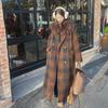 Women's Retro Plaid Oversized Double-Breasted Wool Coat with Lapel and Flap Pockets