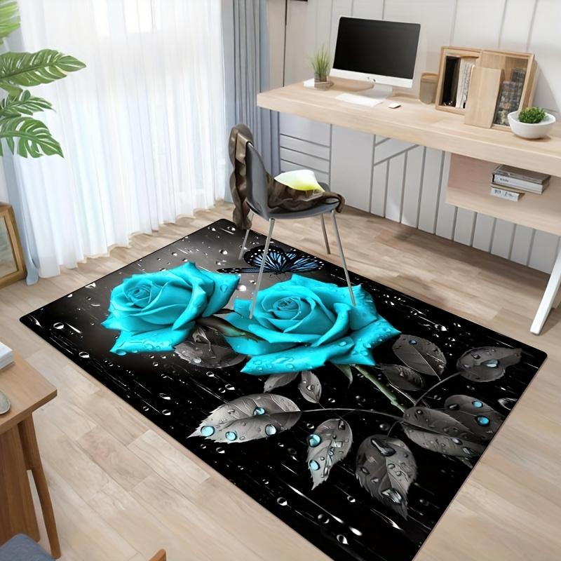 Luxury Blue Rose Floral Door Mat, Elegant Butterfly & Water Drop Print Rug, Non-Slip Washable Decor Carpet for Kitchen Bathroom
