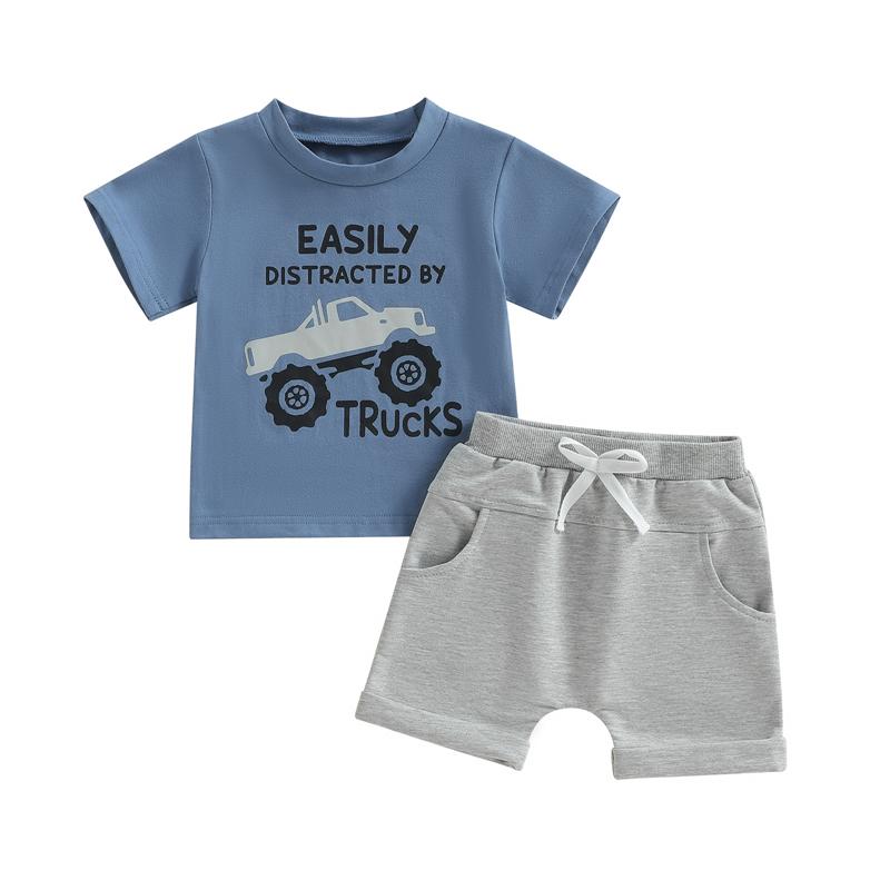 

Newborn Kids Baby Boys Summer Clothes Outfits Casual Truck Letter Print Short Sleeve T-shirts and Solid Shorts Suit 2-3Y синій