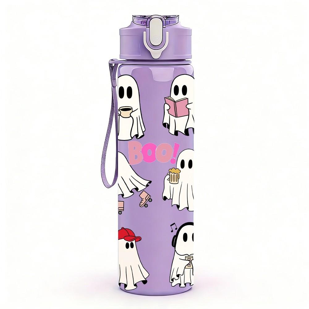 1PC Ghost Halloween Cute Group Cartoon Print 750ml Color Plastic Sports Water Bottle Leakproof Flip Straw Lid Suitable for Sports Office Home Use