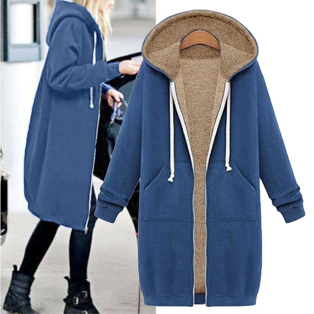 Women Zipper Open Hooded Fleece Sweatshirt Long Coat Jacket Tops Outwear