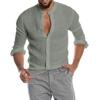 Men Stand Collar Full Button Long Sleeve Linen Shirt Rollable Cuffs Loose Fit Casual Daily Beach Vacation Top