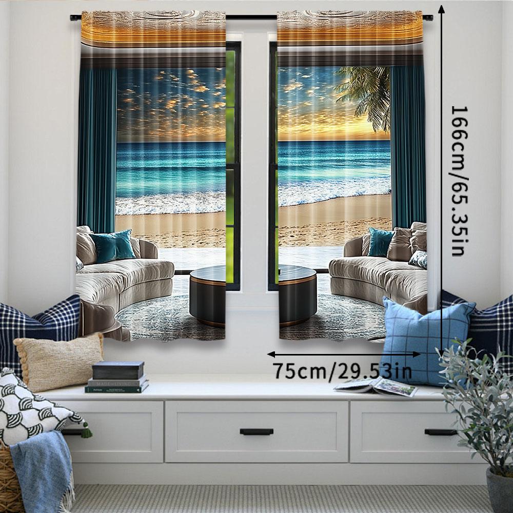 2Pcs Fantasy Scenery Curtain Abstract Seascape Ocean Horizon With Oriental Detailed Room Curtain For Bedroom Living Room And