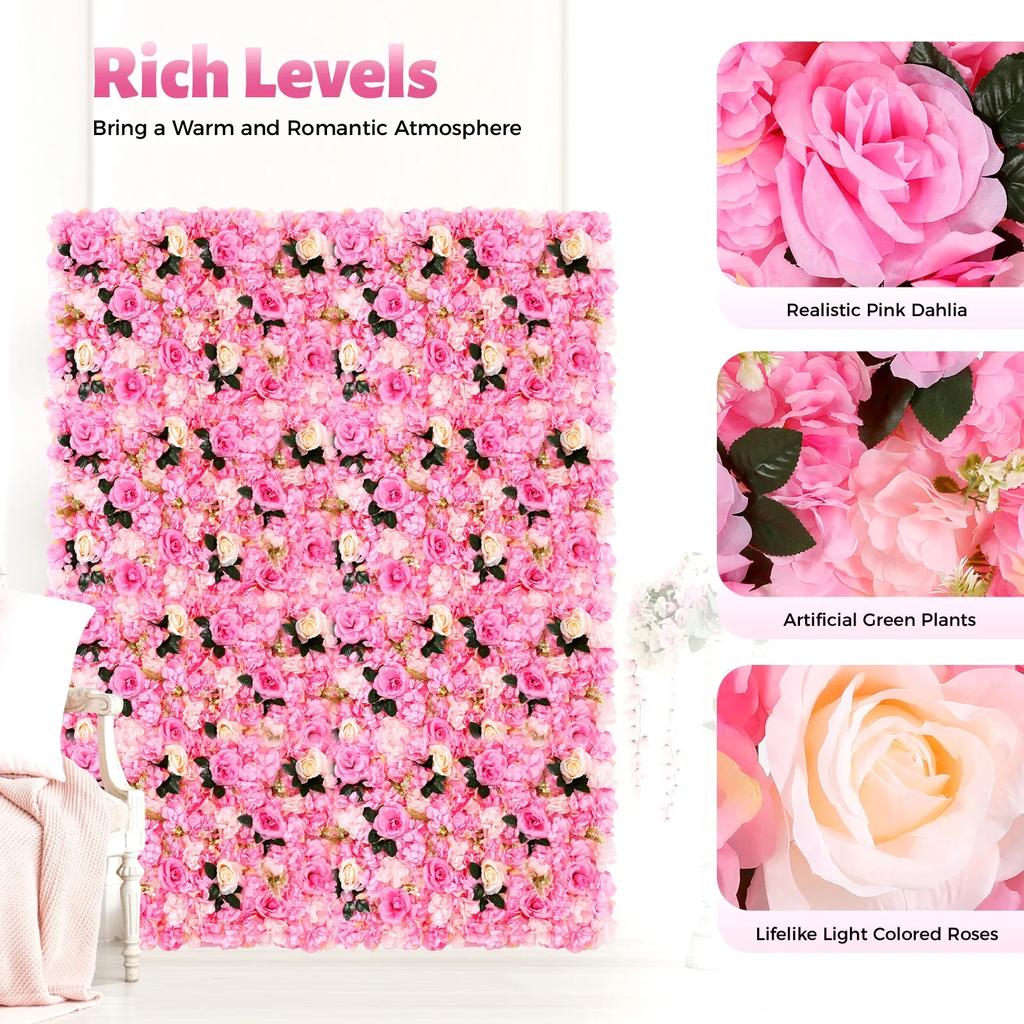 40 X 60 Cm 12Pcs Fake Rose Artificial Flower Wall Panels Set Silk Flowers Wedding Backdrop Home Party DIY Decoration (dark Pink)