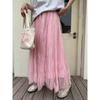DIMANAF 2025 Spring Mesh Women New Skirts Solid Elastic Elegant White Pleated Skirts High Waist