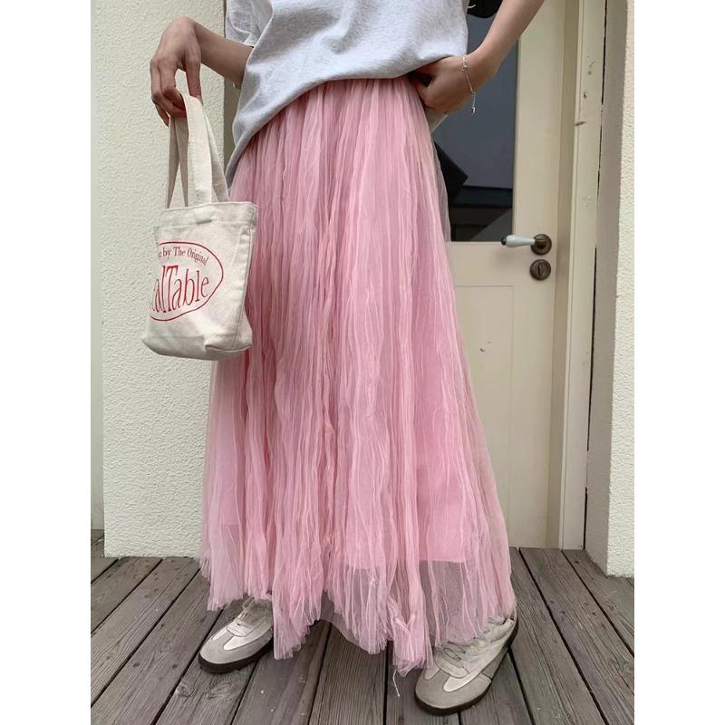 DIMANAF 2025 Spring Mesh Women New Skirts Solid Elastic Elegant White Pleated Skirts High Waist