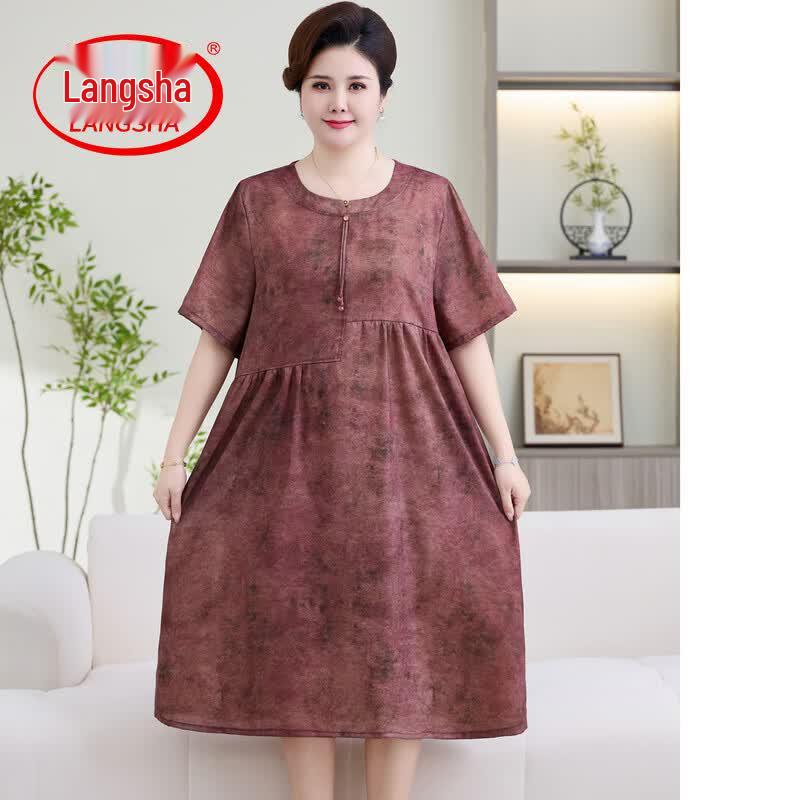 Langsha Elegant Printed Short Sleeve Mid-length Dress for Mature Women 8XL