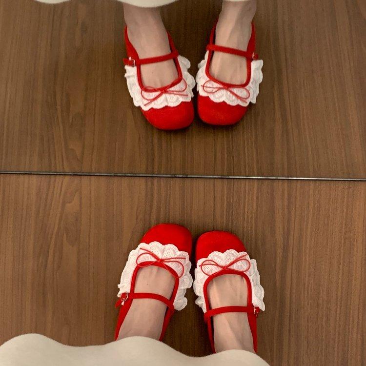 Spring Summer Women s Flat Slippers | Square Toe Closed-Toe French Gentle Lace Bow Fairy Mary Jane Ballet Shoes 35