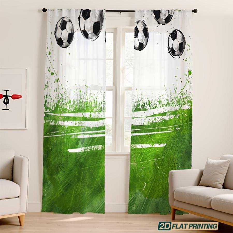 2PCS Digital Printed Sheer Curtain, Green Soccer Football Field, Sports Theme Boys Room Decor for Living Room Bedroom Home Decor
