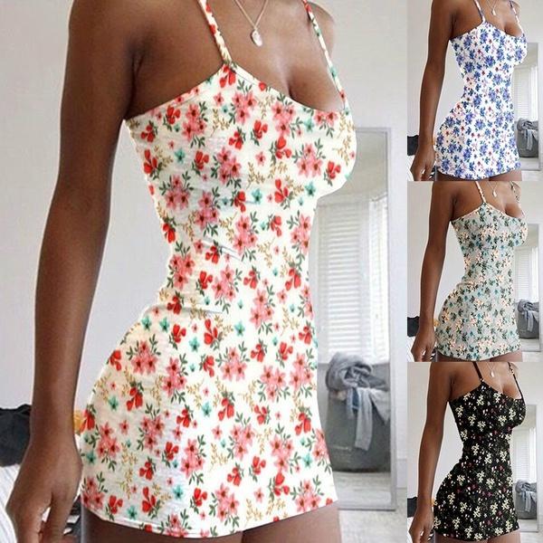 

New Fashion Women s Spaghetti Strap Floral Printed Dress Summer Casual Sleeveless Floral Dress Sexy Bodycon Dresses 5XL