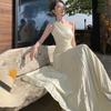 French Sexy Hollow Pleated Slanted Shoulder Dress Women's Summer New Temperament Waist Dress Skirt