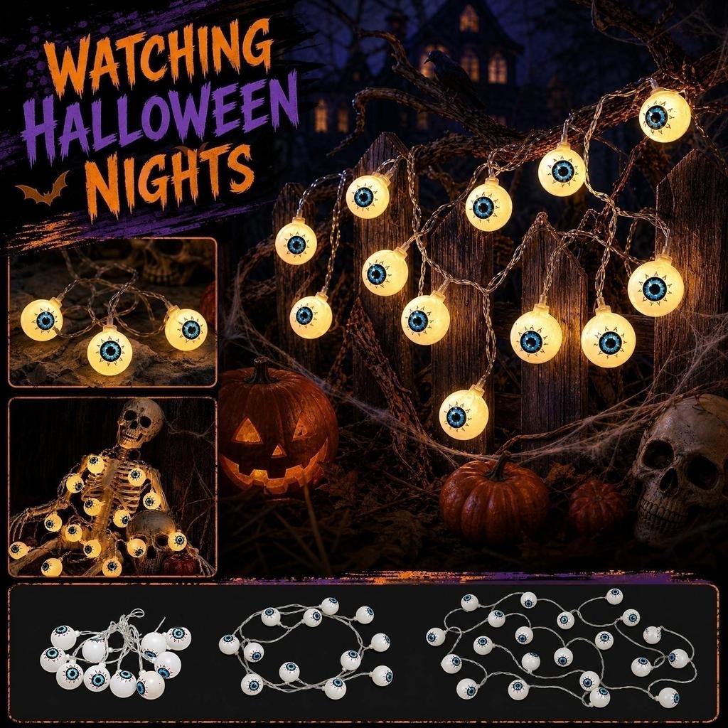 Halloween LED String Lights with Eyeball Design - Battery Operated Decor for Outdoor Yard, Party , 10ft