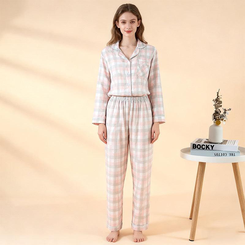 Japanese pure cotton couple pajamas spring, autumn and summer unprinted men's and women's gauze long-sleeved trousers loungewear set