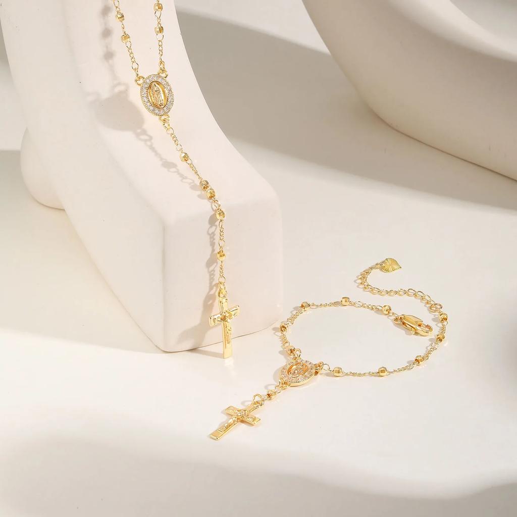 Catholic Cubic Zirconia Rosary Cross Beaded Link Bracelets, Oval Jesus Coss Jewelry, Religion Gold Plated Bracelet