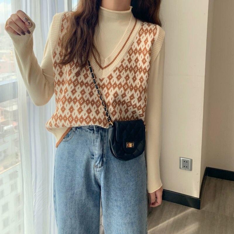 Autumn Fashion Female Vintage Plaid Sweater Vests Women's Tank Tops Knitted Crop Top Women Sleeveless Knitted Vest Waistcoat
