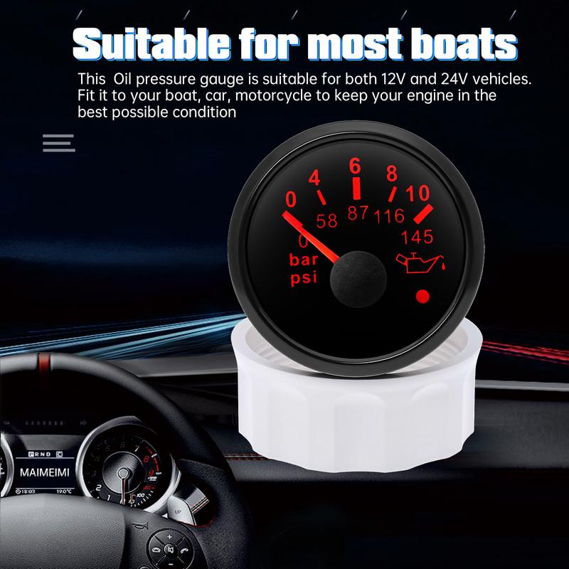 7 Color Light Pointer 52mm Oil Pressure Gauge with Sensor Alarm 0-5Bar,0-10Bar Oil Press Meter Indicator for Car Boat Yacht