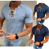 Men T-shirt V Neck Lace-up Summer Solid Color Short Sleeve Top for Daring