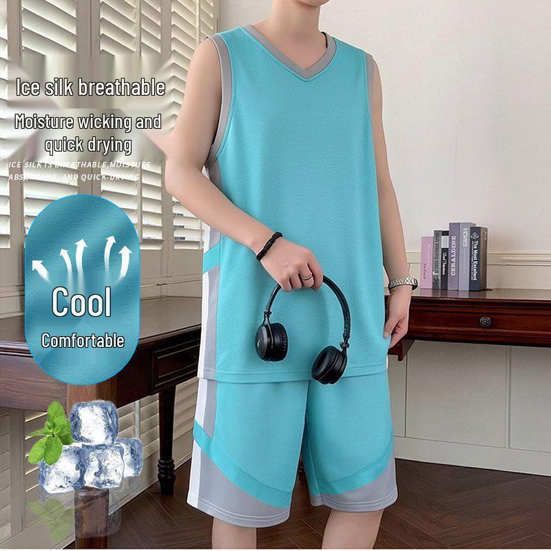 Men's 2026 Summer Ice Silk Basketball Vest & Shorts Set - Sleeveless, Quick-Dry, Loose Fit for Training