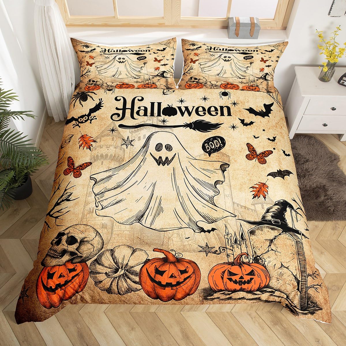 

Cute Halloween Ghost Duvet Cover Set Twin Size Pumpkin Comforter Cover Halloween Festival Themed Bedding Set 3pcs for Kids Boys EU Single(135x200cm)