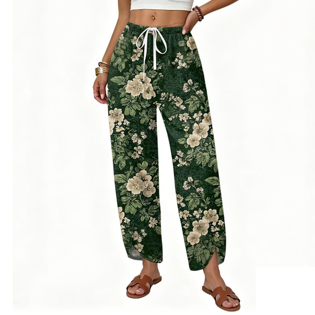 Women's Casual Loose Straight Leg Drawstring Printed Long Pants with Relaxed Fit Lightweight Breathable Fabric for Everyday Wear