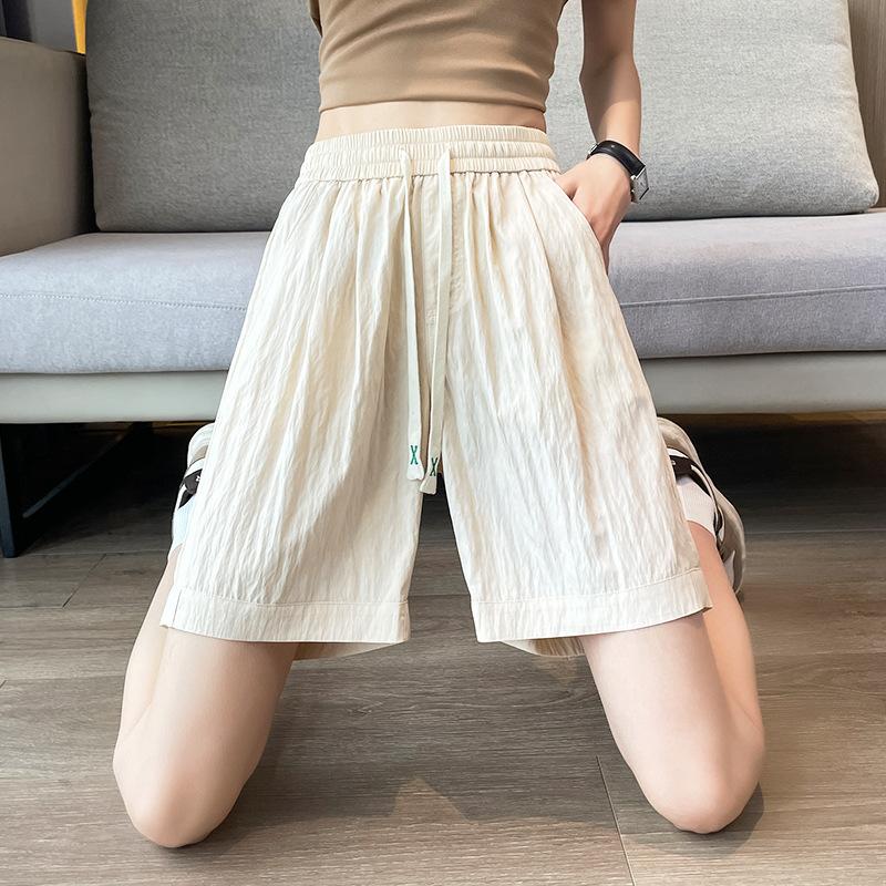 Pleated Ice Silk Sports Shorts Women's Summer Pants High Waist Slim Casual Wide Leg Pants