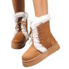 2025 Fall/Winter Women's Snow Boots with Fleece Lining, Thickened Sole, Height-Enhancing Design, Leather & Fur Combination, Cotton-Lined Warm Boots