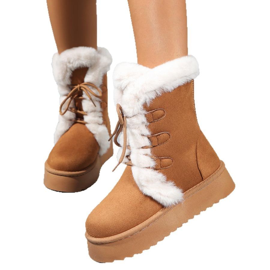 2025 Fall/Winter Women's Snow Boots with Fleece Lining, Thickened Sole, Height-Enhancing Design, Leather & Fur Combination, Cotton-Lined Warm Boots