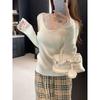 Lace v-neck bow knitted sweater women's autumn and winter slim fit inside stacked top pure desire wind sweet and spicy backing sweater