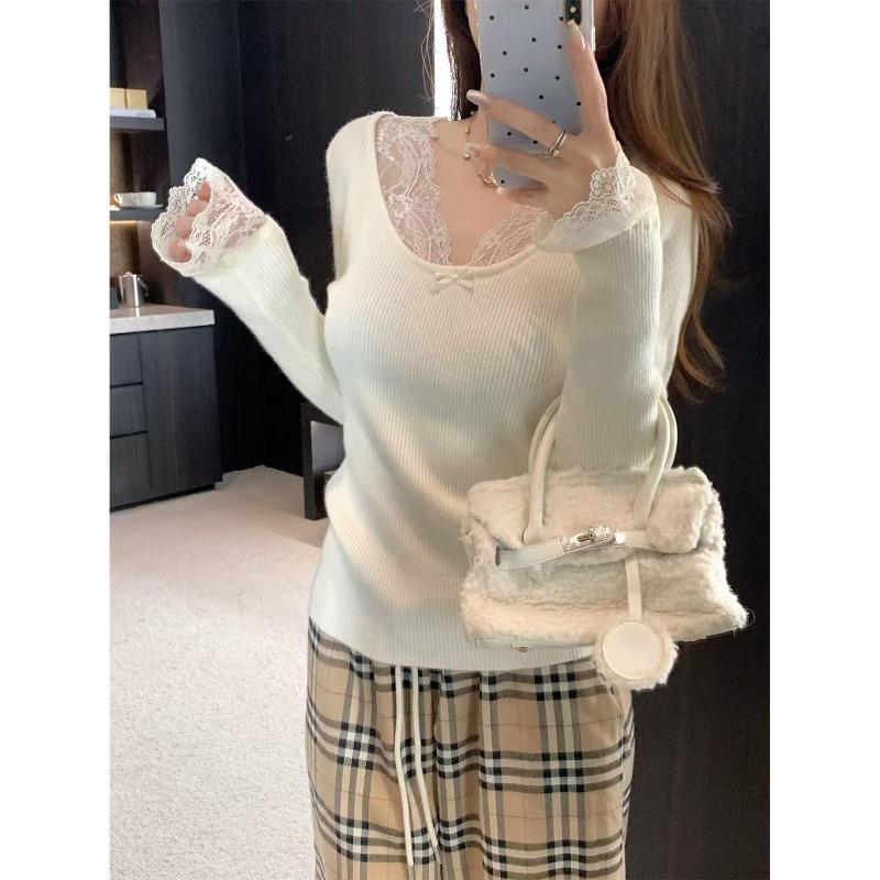 Lace v-neck bow knitted sweater women's autumn and winter slim fit inside stacked top pure desire wind sweet and spicy backing sweater