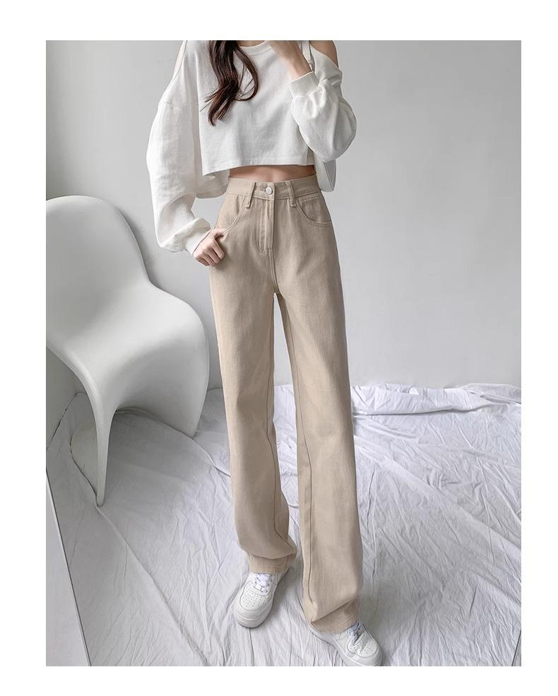 Damen Khaki Jeans mit hohem Bund: Schlankmachend, Vielseitig, Gerades Bein für Frühling & Herbst