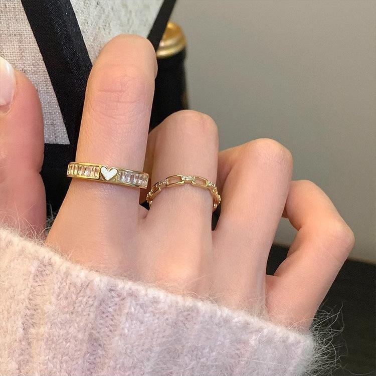 Zircon Chain Heart Open Ring Women's Niche Retro Personality Simple Versatile Temperament Casual Everyday Dainty Minimalist Jewelry