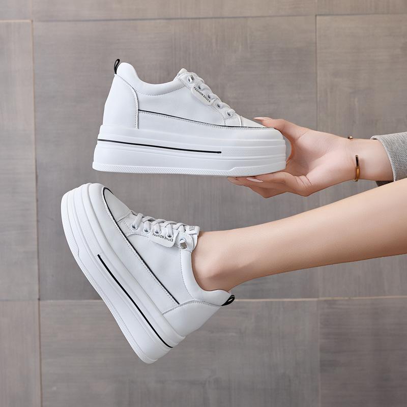 New Little White Shoes Women's Inner Height Increase Leather Versatile and Comfortable Lace-up-free Thick-soled Small-size Women's Shoes