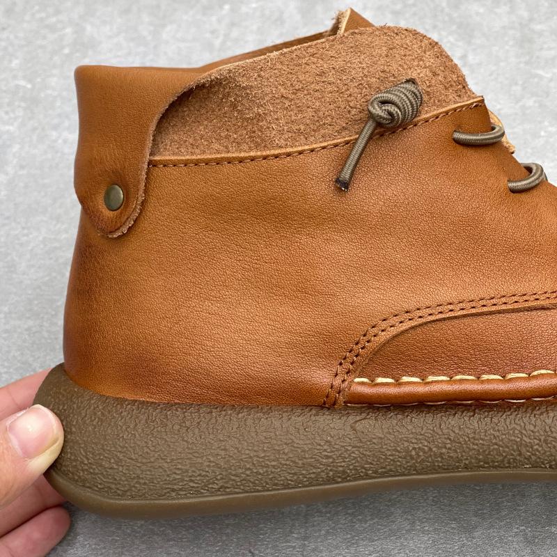 Johnature Handmade Genuine Leather Women's Shoes Versatile British Style Round Toe Cowhide Ankle Boots