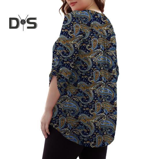 Women Shirt V-neck 3/4 Roll-Up Sleeves Lightweight Tops Flower Print Flowy Hem Tunic Tops Daily Wear