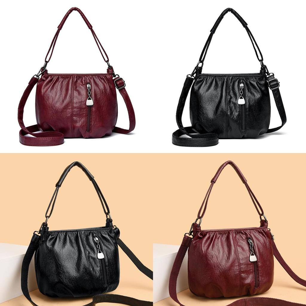 Solid Color Small Water Bucket Handbag Zipper Compartments Soft Pu Wear Casual