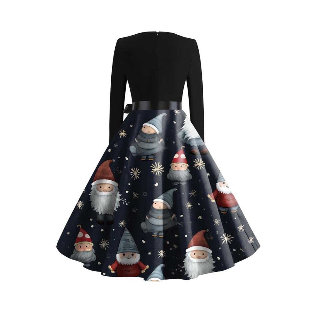 Damen Vintage Langarm Weihnachtsdruck 1950er Jahre Hausfrau Abend Party Ballkleid