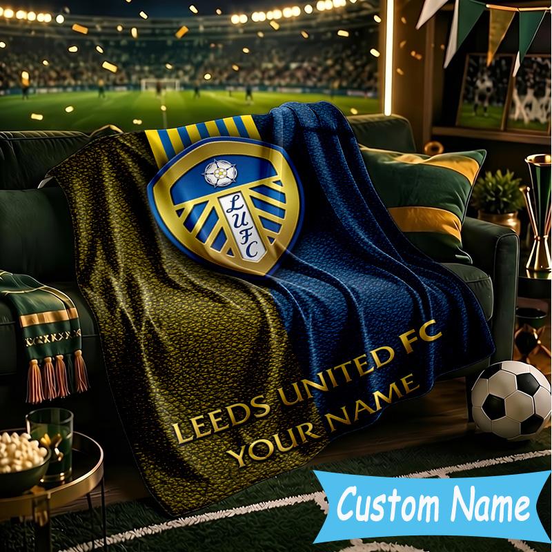 Custom Name Leeds United Crest Design Flannel Blanket, Use for Birthday/Holiday Gift, Soft Blanket for Sofa/Bed/Camping/Office, Home Decor