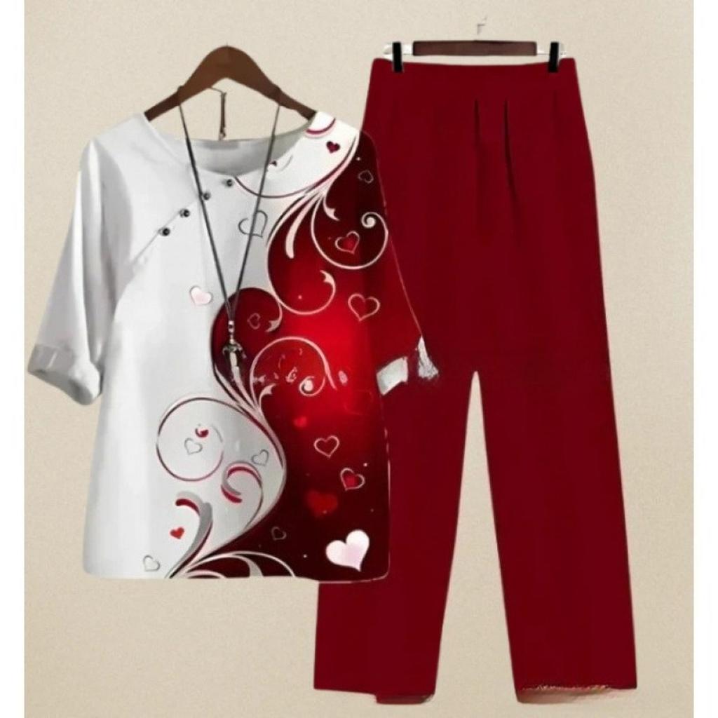 Women's Loose Fit Floral Printed Two Piece Outfit Half Sleeve T-Shirt Elastic Waist Pantsuit