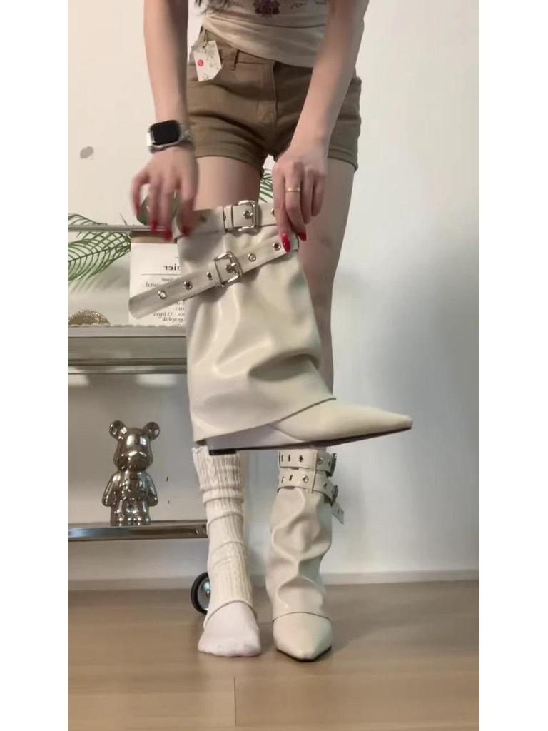 Design Sense White Leather Buckle Pointed Toe Ankle Boots for Women - Autumn 2025, Versatile Slimming Height-Boosting Leg Boots