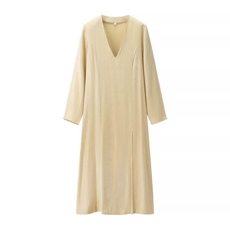 

Kaslead New Arrival Women s Clothing Fashion Style Fashion Minimalist Loose V Neck Long Dress Yellow L