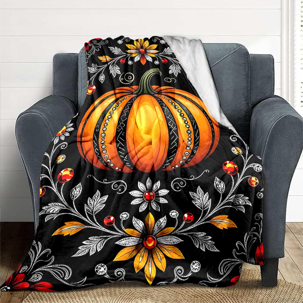 1pc Pumpkin Floral Blanket, Lightweight Flannel Throw Blanket for Sofa, Bed, Travel, Camping, Living Room, Office, Couch, Chair, and Bed