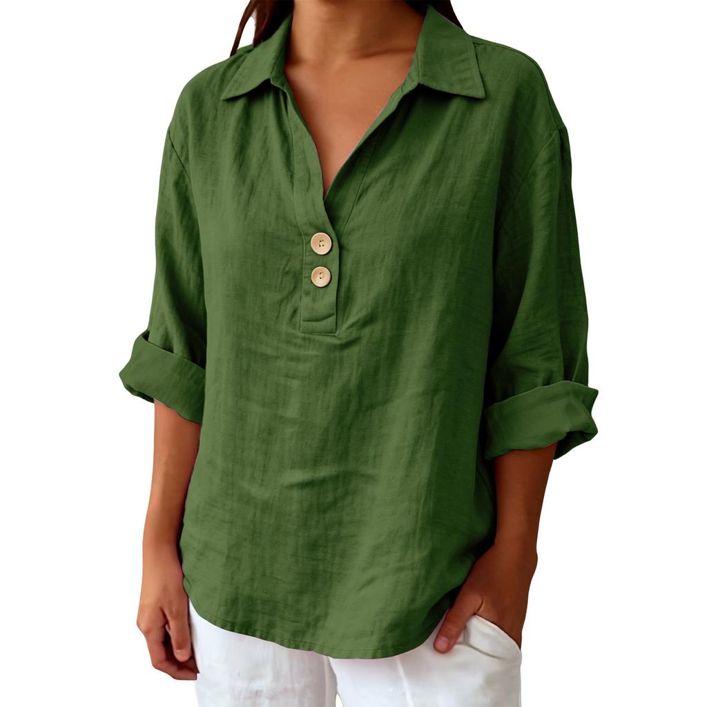 Women's Shirt Seven-Sleeve Lapel Cotton Linen Top Solided Color Casual Breathable Lapel Shirt