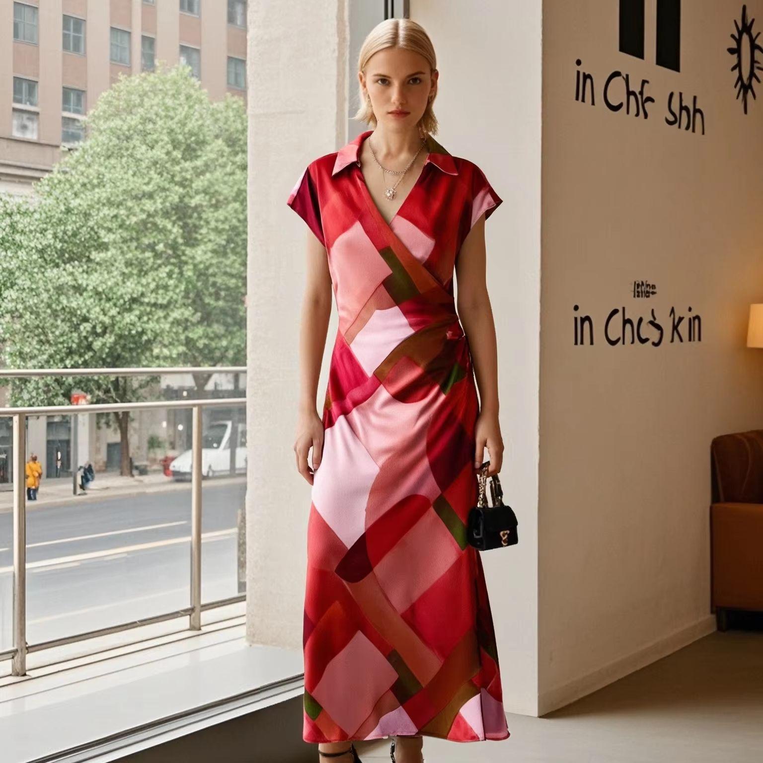 

2025 Spring/Summer Women s Slim Fit Silk Satin V-Neck Printed Dress S